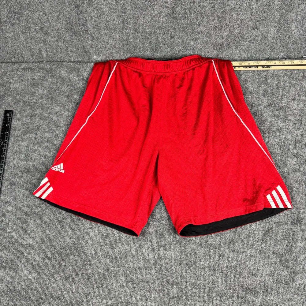 Adidas Athletic Shorts Mens Size M Red Mesh 3-Stripe Elastic Waist Gym Sport